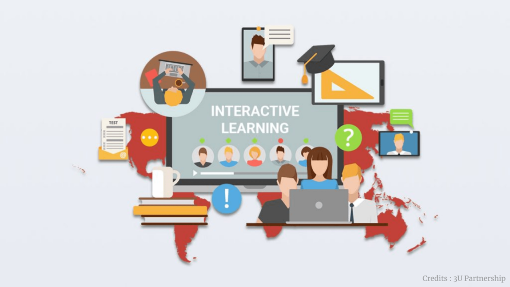 Illustration of interactive learning using digital tools and virtual collaboration across the globe.