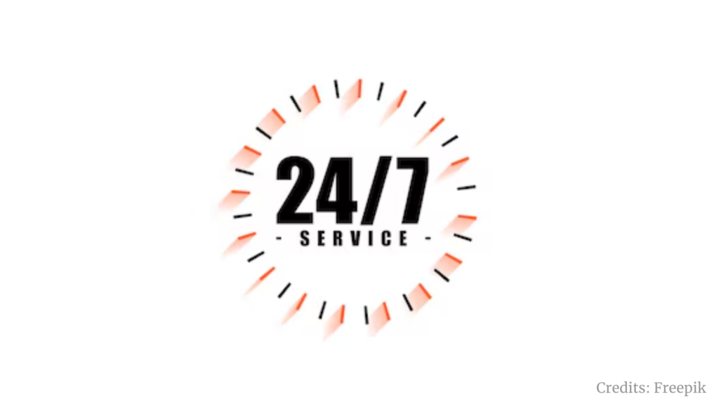 24/7 service icon with a minimalist circular clock design in orange and black.