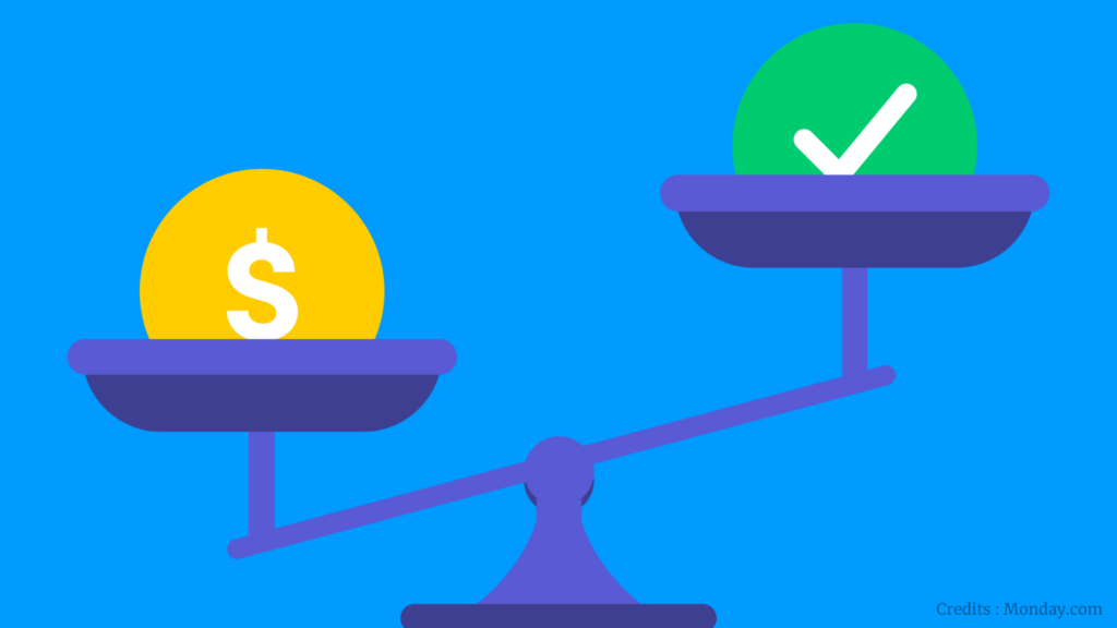 Balanced scale showing financial value on one side and a checkmark on the other.