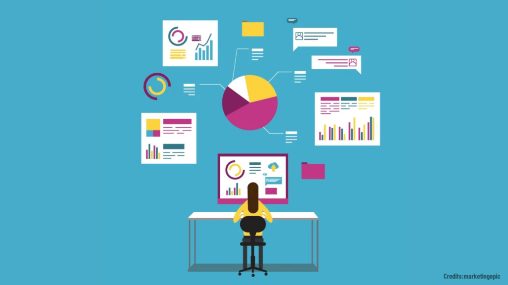 Data-driven marketing analysis using AI tools at a desk, surrounded by graphs and charts.