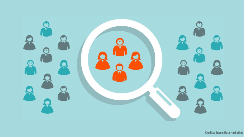 Target audience segmentation using AI, represented by a magnifying glass highlighting specific people.