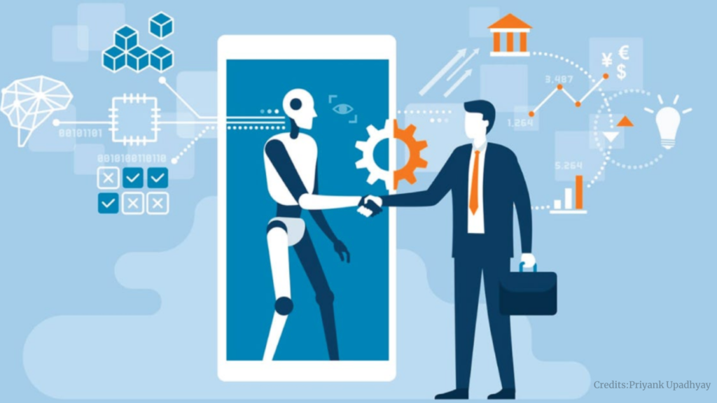 Illustration of a businessman shaking hands with a robot through a smartphone screen, symbolizing AI partnership and automation.